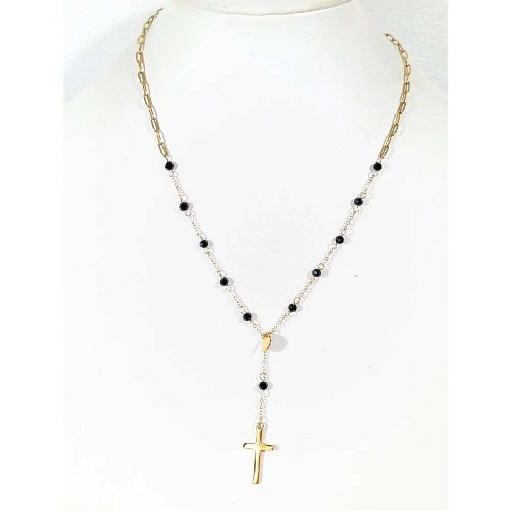 Gold Tone Black Glass Bead Y Neckalce Cross‎ Pendant Lariat Elegant 20 in